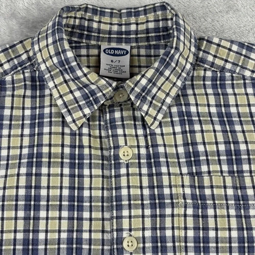 Vintage Old Navy Button Up Shirt Boys Sz 6/7 Blue Tan Plaid Short Sleeve Skater